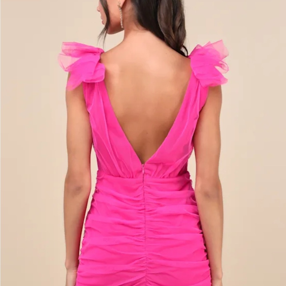 Lulu's Neon Pink Ruffled Shoulder Ruched Mini Dress - Picture 2 of 4